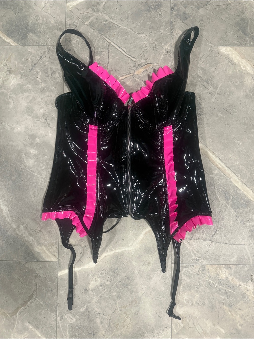Black Patent Corset with Hot Pink Ruffle Trim - Women’s Intimates